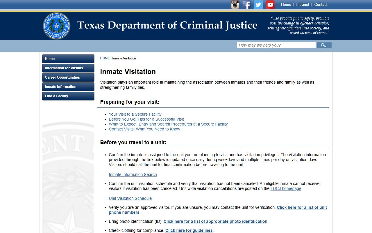 Armstrong County inmate population TDCJ visitation page for state prison transfers