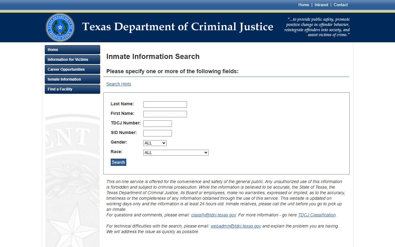 Armstrong County inmate records TDCJ inmate search fields