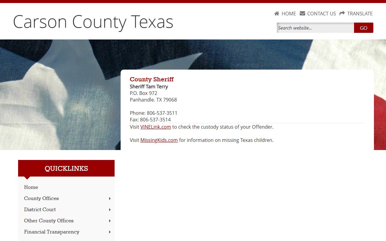 Carson County Jail inmate lookup Carson County Sheriff's Office page